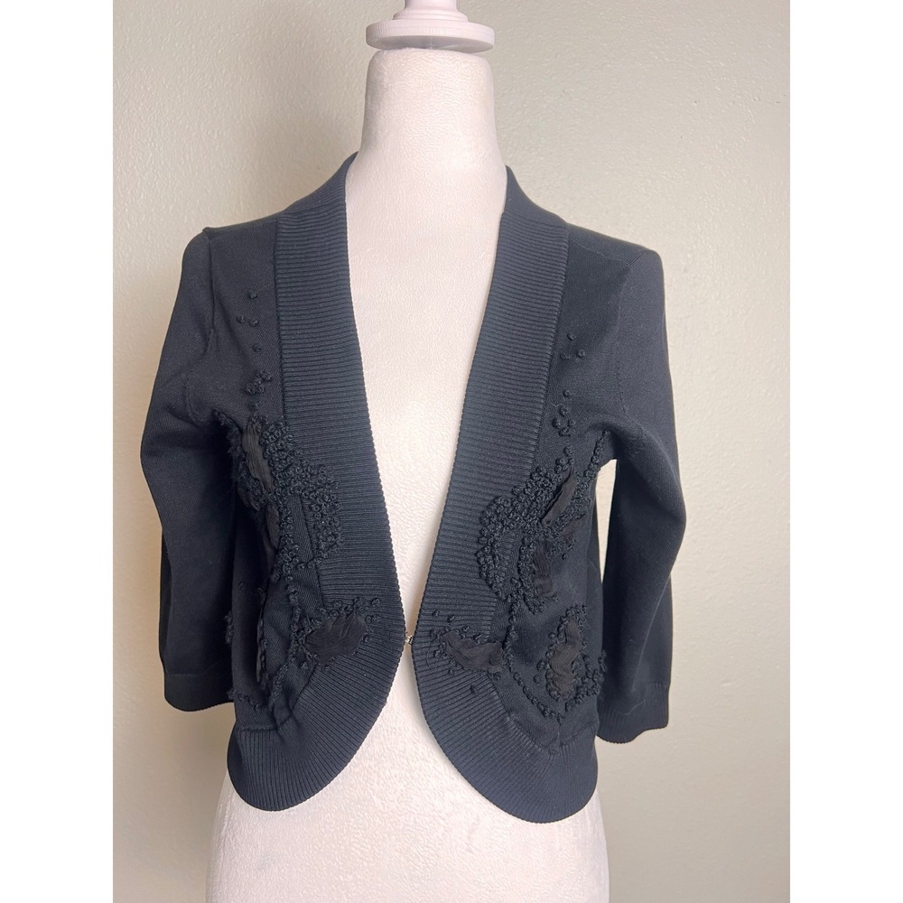 Yoana Baraschi Black Embroidered‎ Cropped Cardigan Bolero 3/4 Sleeve Size S